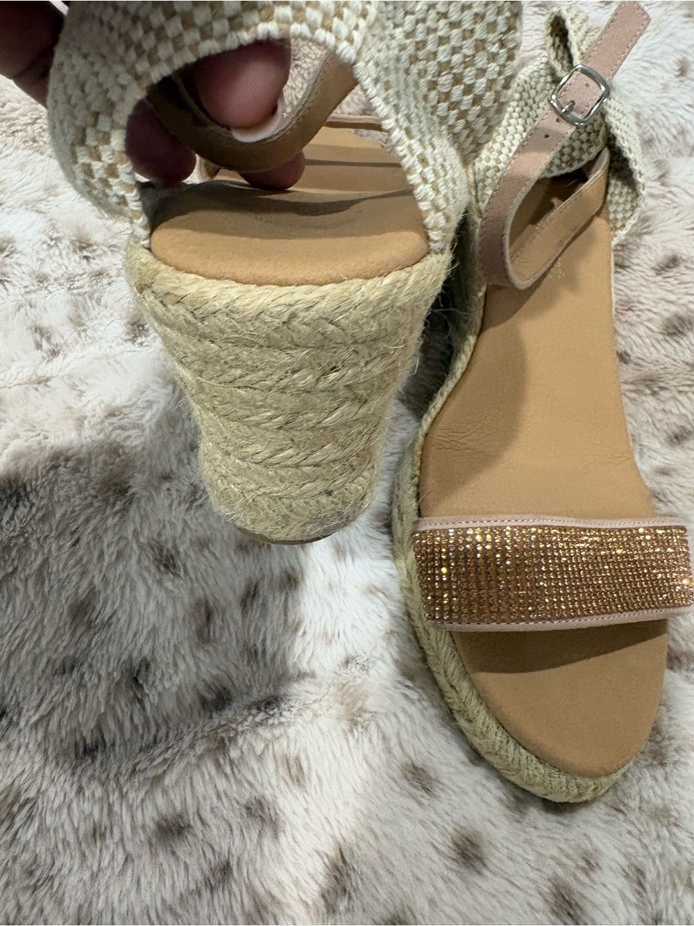 Espadrille Wedge Sandals in Beige with Embellished Strap